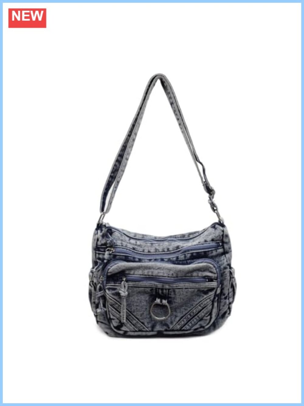 Denim Crossbody Bag Multi-Pocket Tote Adjustable Strap Metal Zip Hobo